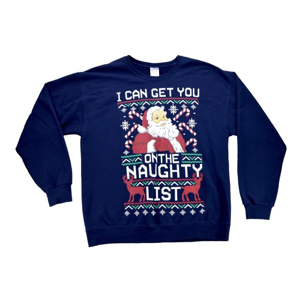 Christmas Sweater Men Blue Santa Sweater "I Can Get You" Size L